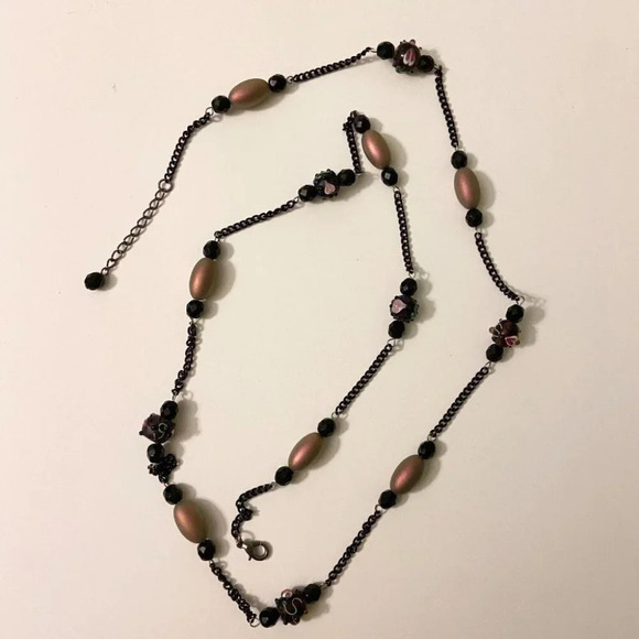 Long Beaded Dark  Tone Necklace Multicolor 44 Inch Length Costume Jewelry - Picture 1 of 11
